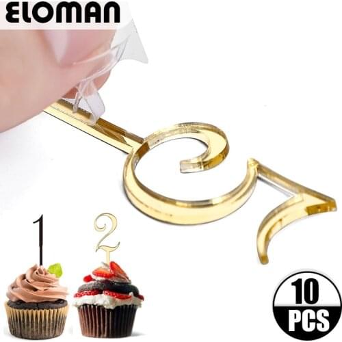10pcs Acrylic Number cake Topper ELOMAN Gold Mirror Birthday Cupcake Topper For Wedding and birthday Party Cake Decorations Diy
