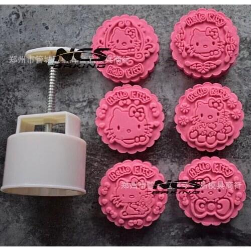 150g round shape cartoon kitty design Mooncake mung bean cake Molds mould with 6 Stamps plastic hand pressure , 50sets/lot