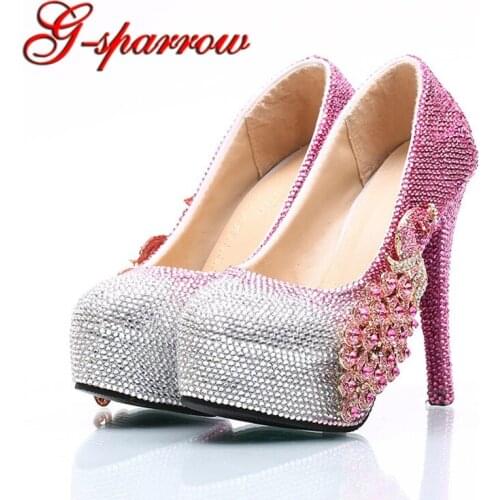 Plus Size 44 Pink And Silver Rhinestone Wedding Party Shoes 14cm High Heel Platform Prom Party Shoes Beautiful Bridesmaid Shoes