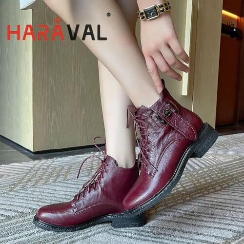 HARAVAL Women Ankle Boots Shoes Black Red Motorcycle Boots Genuine Leather Fashion Elegant Spring Autumn Shoes Women E342L