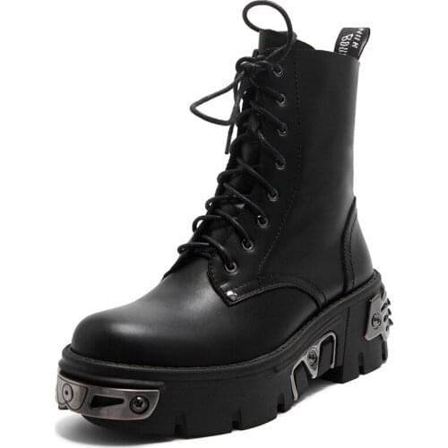 Punk Boots Women Genuine Leather Ankle Boots Female Motorcycle Boots Night Club Shoes Woman Platform Chunky Heels