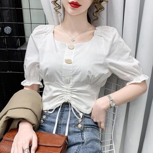 Short-sleeved T-shirt 2021 new fashion temperament small shirt women foreign style French square collar short top summer