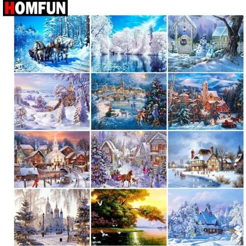 HOMFUN Paint With Diamond Embroidery "Snow winter house landscape"Diamond Painting Full Square Round Picture Of Rhinestone Decor