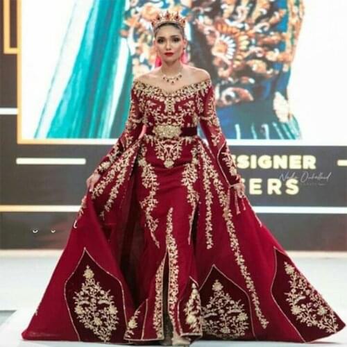 Red Moroccan Caftan Evening Dresses With Remove Skirt Stunning Appliques Lace Long Sleeve Mermaid Prom Dresses Pageant Gown