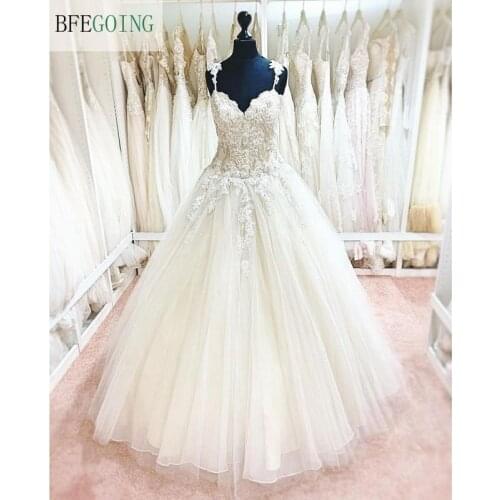 Champagne Tulle Lace Spaghetti Straps Sweetheart Floor -Length Princess A-Line Wedding Dresses Chapel Train Sleeveless