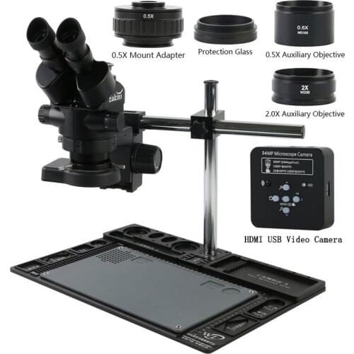 3.5X-90X Continuous Zoom Simul-focal Trinocular Stereo Microscope 34MP 1080P HDMI USB Video Camera 0.5X CTV Adapter Workbench