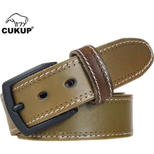 CUKUP Mens Top Quality Solid Green Cow Skin Leather Belts Black Pin Buckle Metal Man Casual Styles Jeans Belt for Men NCK298