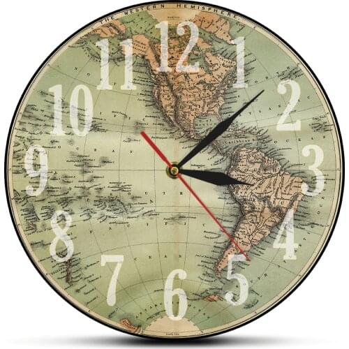 1860 Antique Western Hemisphere Green World Map Printed Wall Clock Old World Look The Americas Earth Globe Map Retro Wall Watch