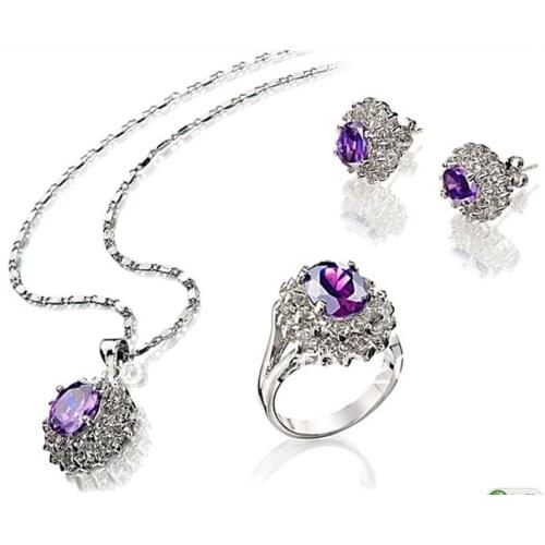 Wholesale Fashion Jewelry purple crystal pendant ring earring sets