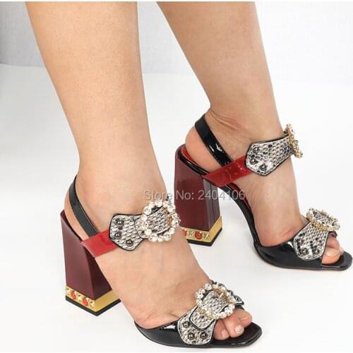 Shooegle Designer Women Luxury Summer Shoes Patent Leather Block Heels Sandles Crystal Buckles Rivets Studded Jewelled Sandals