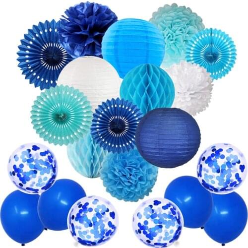 Blue Party Decorations Hanging Set Tissue Paper Poms Flower Lanterns for Birthday Baby Shower Wedding Boy Prince Party Supplies