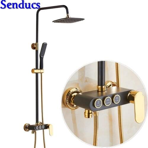 Senducs Black Gold Shower System Quality ABS Hand Shower Head Brass Bathtub Shower Faucet Cheap Price Black Bathroom Shower Set