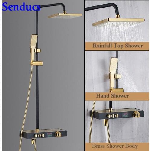 Senducs Black Gold Thermostatic Shower Set New Design Bathroom Digital Shower System Brass Bathroom Faucet Rainfall Shower Head