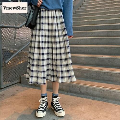 VmewSher New Spring Plaid Women Skirt Elastic High Waist Mid-calf Length Long Pleated Harajuku Students Summer Skirts Fashion