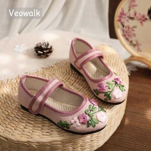 Veowalk 2-15 Years Girls Soft Cotton Fabric Ballet Flats Comfortable Embroidered Shoes for Kids Vintage Children Ballerinas