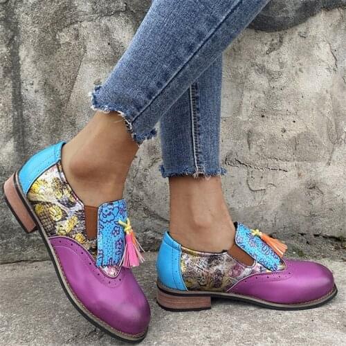2021 Spring New British Style PU Leather Print Ladies Oxford Loafer Shoes Retro Classic Mixed Colors Tassel Pendant Casual Shoes