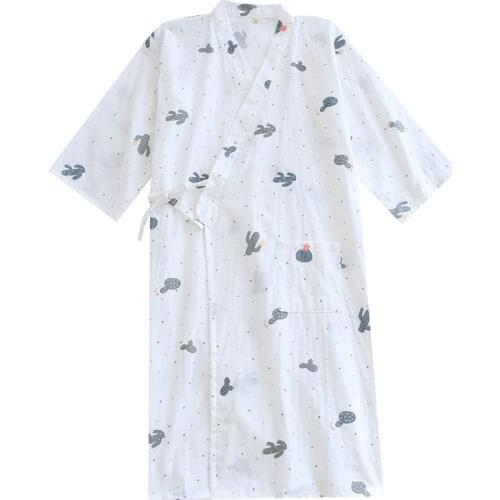 Ladies Pure Cotton Kimono Robe Spring and Summer Double Gauze Thin Mid-sleeve White Bathrobe Simple Cactus Printed Bath Robe