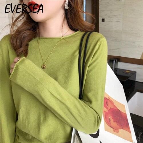 Eversea Autumn Winter Korean Style Boat Neck Solid Color Outerwear Tops Elegant Lady Knit Sweater Pullover