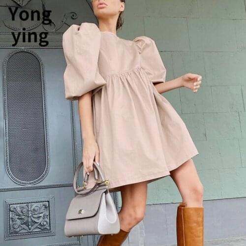 Green O Neck Casual Women Dress Lantern Short Sleeve Solid Pink Mini Dress Ladies Elegant A Line Summer Dresses Cotton 2021