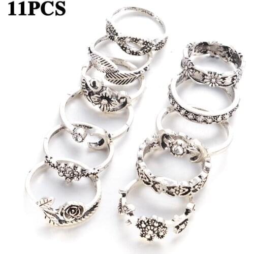 11pcs/Set Bohemia Antique Arrow Leaf Carved Rings Sets Rhinestone Knuckle Rings Star Flowers Silver Color for Women Men Jewelry