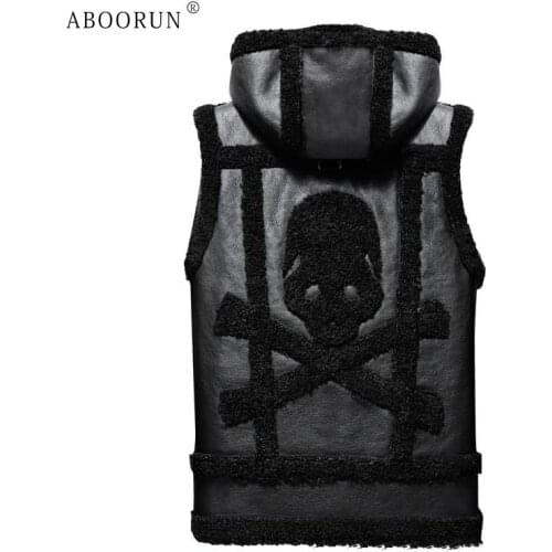 ABOORUN Mens Black Skull Embroidery Faux Leather Fleece Vest Motorcycle PU Leather Waistcoat Winter Sleeveless Coat for Male