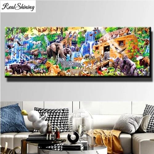 Big Noahs Ark Diamond Painting 5D Animal World Tiger Elephant Zebra Diamond Embroidery Painting DIY Mosaic Waterfall Decor T327