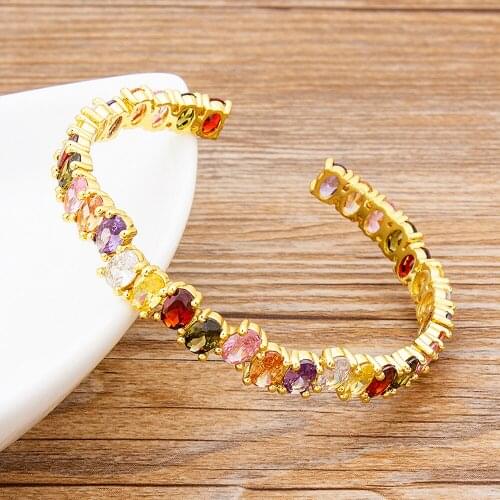 High Quality Elegant Crystal Cuff Gold Color Bangles Rainbow Cubic Zirconia Bridal Opening Bracelet For Women Charm Jewelry