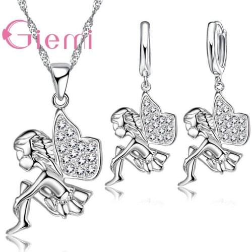 Solid 925 Sterling Silver Austrain Crystal Little Girls Pendant Necklace Hoop Earring Jewelry Set Engagement Bijoux