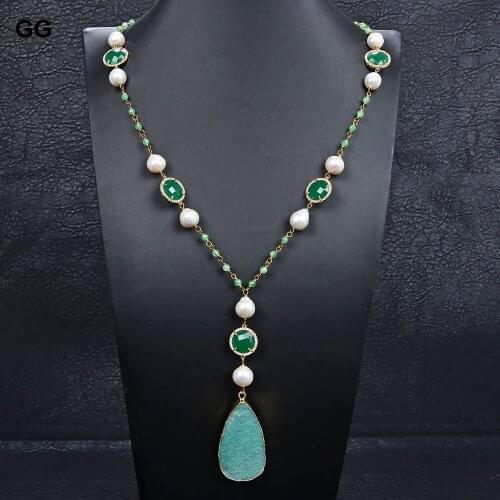 GG Jewelry 31'' Pink Keshi Pearl Green Jade Green Crystal Necklace Natural Amazonite Pendant