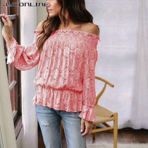 JYConline Off Shoulder Sexy Women Tops And Blouse 2018 Summer Slash Neck Print Blouses Shirts Bandage Ruffles Slim Tops Blouses