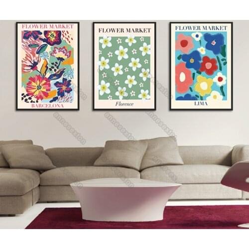 Canvas Painting Poster and Print Little Green Pink Blue Yellow Hand-Made Flowers In Various Cities for Home Rooms Wall Decoratio