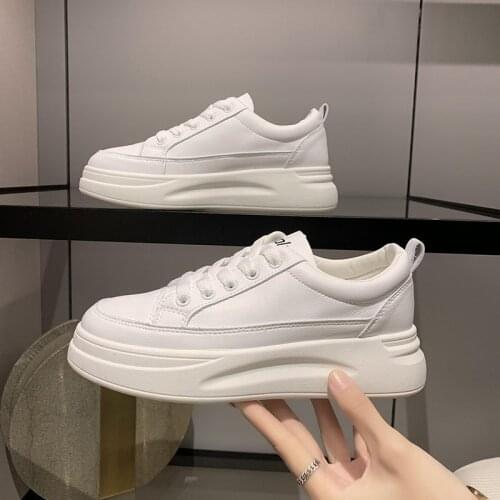 Women Vulcanized Shoes Leather Platform Sneakers Classic White Shoes Casual Spring Summer Flats Female Walking Trainers
