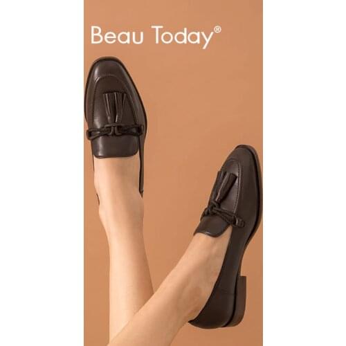 BeauToday Fringe Loafers Women Calfskin Genuine Leather Slip-On Retro Style Square Toe Ladies Casual Flat Shoes Handmade 27158