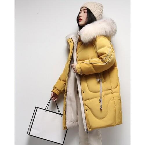 Fashion Raccoon Fur Collar Down Coats Women Winter White Duck Down Parka Jacket Female Thicken Warm Winter Jacket Long Down Coat
