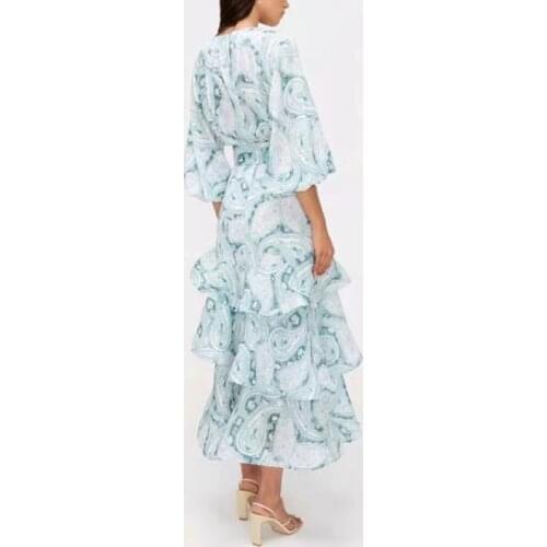 Fashion 2pieces Runway 2021 Spring Summer Lantern Sleeve Blouse + Long Skirt Blue Flower Print Holiday Party Sets