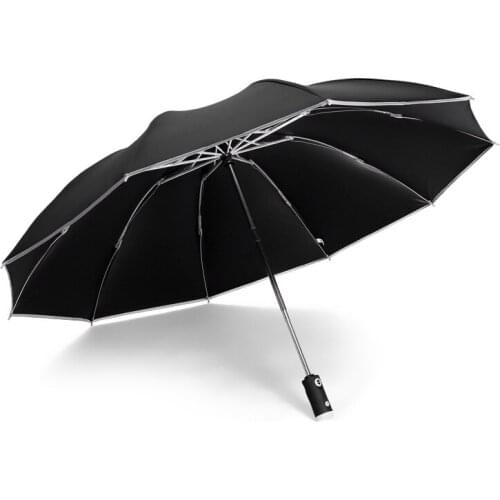 Three-folding 10-Bone Automatic Led Umbrella Flashlight Reversen Black Umbrella Covered Reflective Business Parasol Umbrella