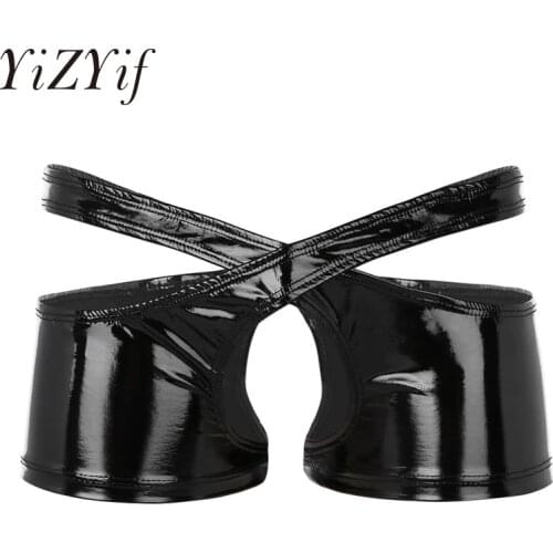 YiZYiF New Style Sexy Mens Lingerie Panties Soft Shiny Patent Leather Open Butt Crotchless Low-rise Boxers Underwear Underpants