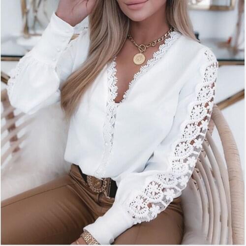 2020 New Women Long Sleeve Lace V Neck Knit Blouse Shirts Spring Fall Tops Casual Elegant Ladies Blouses Tops