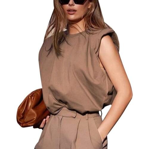 Women Padded Shoulder T-shirts Sleeveless Solid Color Round Neck Top Office Lady Pullover 2020 New Fashion Women Elegant Clothes