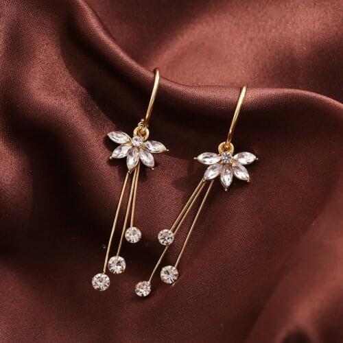 Asymmetrical Three Five-Petaled Flowers Crystal Stone Curved Wavy Tassel Dangle Earrings & Drop Earrings for Women
