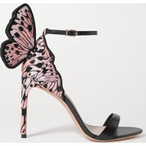 Moraima Snc Beautiful Embroidery Wings Decoration High Heel Shoes Open Toe Summer Sandal Woman Ankle Strap Thin Heels Shoe