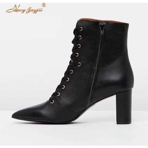 Genuine Leather Sheepskin Kid Suede Women Shoes Adult Boots Black Zipper Lace-Up Cross-tied Super High Square heel Pointed Toe