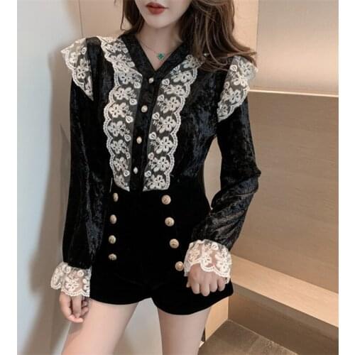 Women Vintage Velvet Tops Female Elegant Lace Velour Blouse Long Flare Sleeves Chic Shirts Retro Ruffles Kimono Blouse
