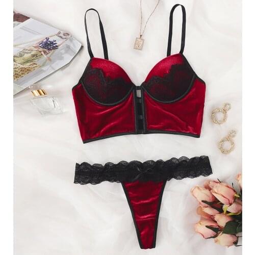 Women Sexy Lingerie Set Corset Lace Underwire Velvet Bra Thong S uit Ladies Underwear Tops+Briefs Set нижнее белье женское