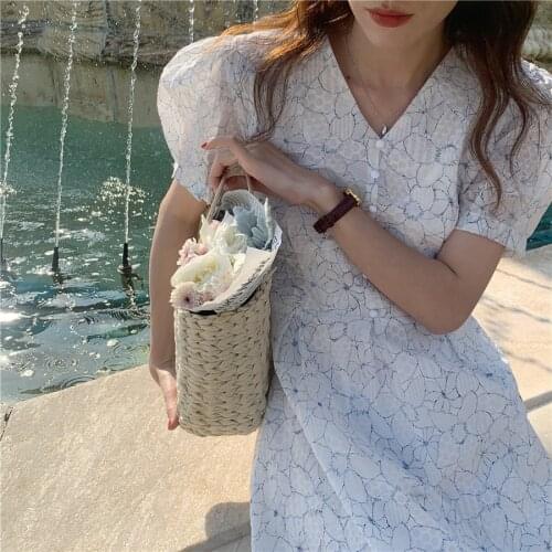 2021 New Summer Retro Long Floral Shirt Dress Women V Neck Puff Sleeve Slim Waist A-line Midi Sundress Texture Pattern