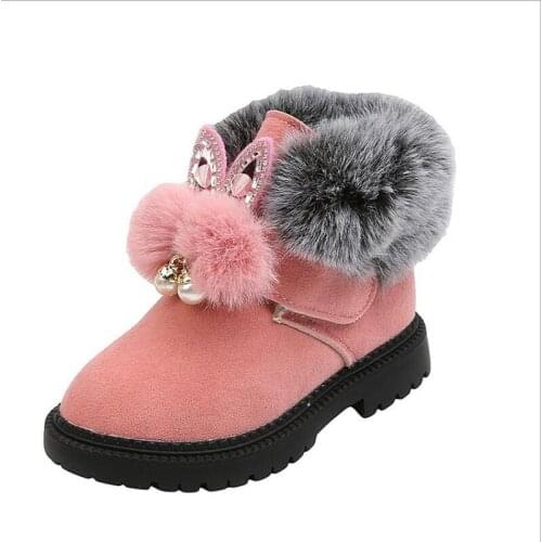 Winter New Girls Short Leather Boots Korean Fashion Princess Shoes Toddler Baby Rabbit ears Plush Cotton Boots