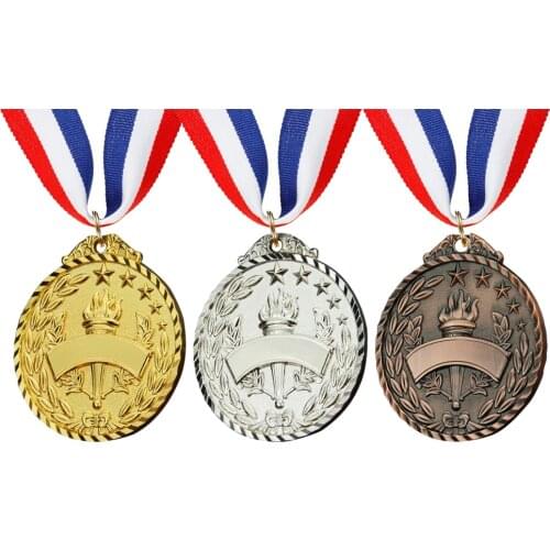 Gold Silver Bronze Torch Medal Souvenir Sports Competition Prize with Ribbon Strap Kids ChildrenWinner Reward Badge Sports Day