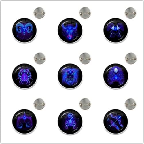 2019 Classic Glass Cabochon Galaxy Constellation Design 12 Zodiac Sign Horoscope Astrology Collar Pins Badge For Gift