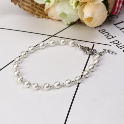 304 Stainless Steel & Acrylic Bracelets Silver Color White Imitation Pearl 18cm long Fo Women Jewelry Accessories , 1 Piece