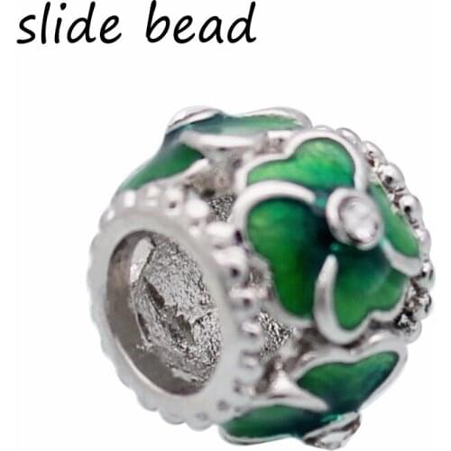 Slide beads Transparent crystal green clover charm beads fit authentic pandora bracelets jewelry making diy valentines gifts